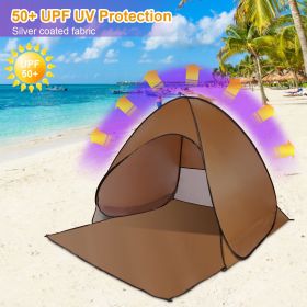 Pop Up Beach Tent Sun Shade Shelter Anti-UV Automatic Waterproof Tent Canopy for 2/3 Man w/ Net Window Storage Bag (Color: coffee)